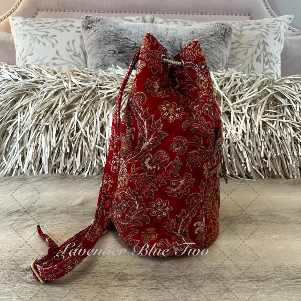 Vintage VERA BRADLEY Windsor 1995 Backpack Sling USA Drawstring Red Gold Quilt - Picture 6 of 17